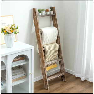 MyGift Decorative Ladder Shelf, 4.5 Foot Wall Leaning Wooden Towel Blanket Ladder Storage Rack for Bathroom or Living Room, Torched Brown Wood
