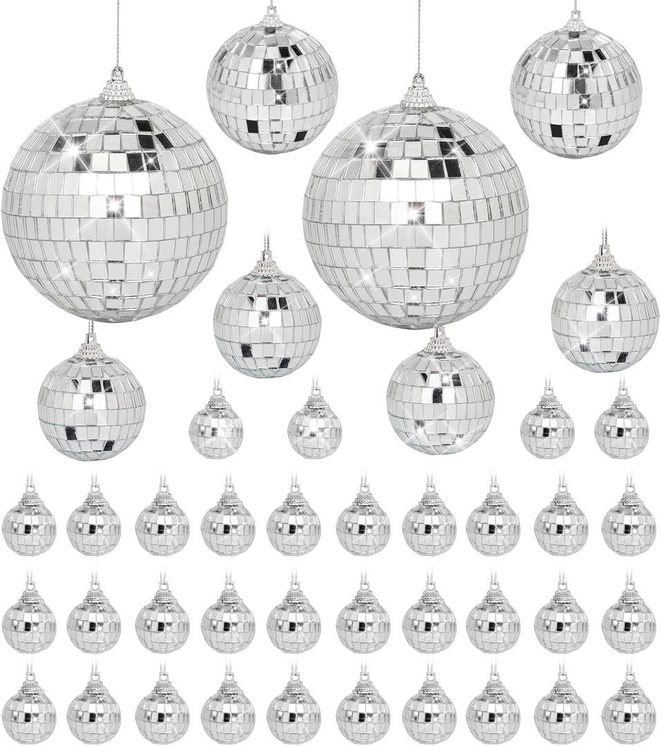 Mini Mirror Disco Ball Ornaments: Hanging Disco Ball Silver Party Decorations Set 42 Pack - Small Mirror Balls Decor for Wedding Christmas Birthday Cake Topper (1.2/2/2.4/3 Inch)