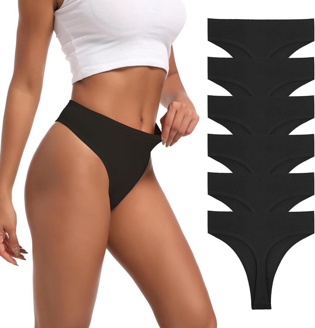 High Waisted Ribbed Cotton Thongs for Women High Cut Breathable Underwear 6-Pack Size (Black, XXL)