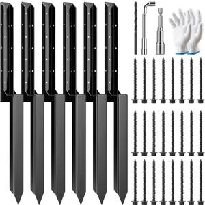 VIVOSUN Fence Post Repair Kit, Heavy-Duty Ground Spike with Gloves for Repairing Tilted or Broken Wood Posts (6 Pack, Black)