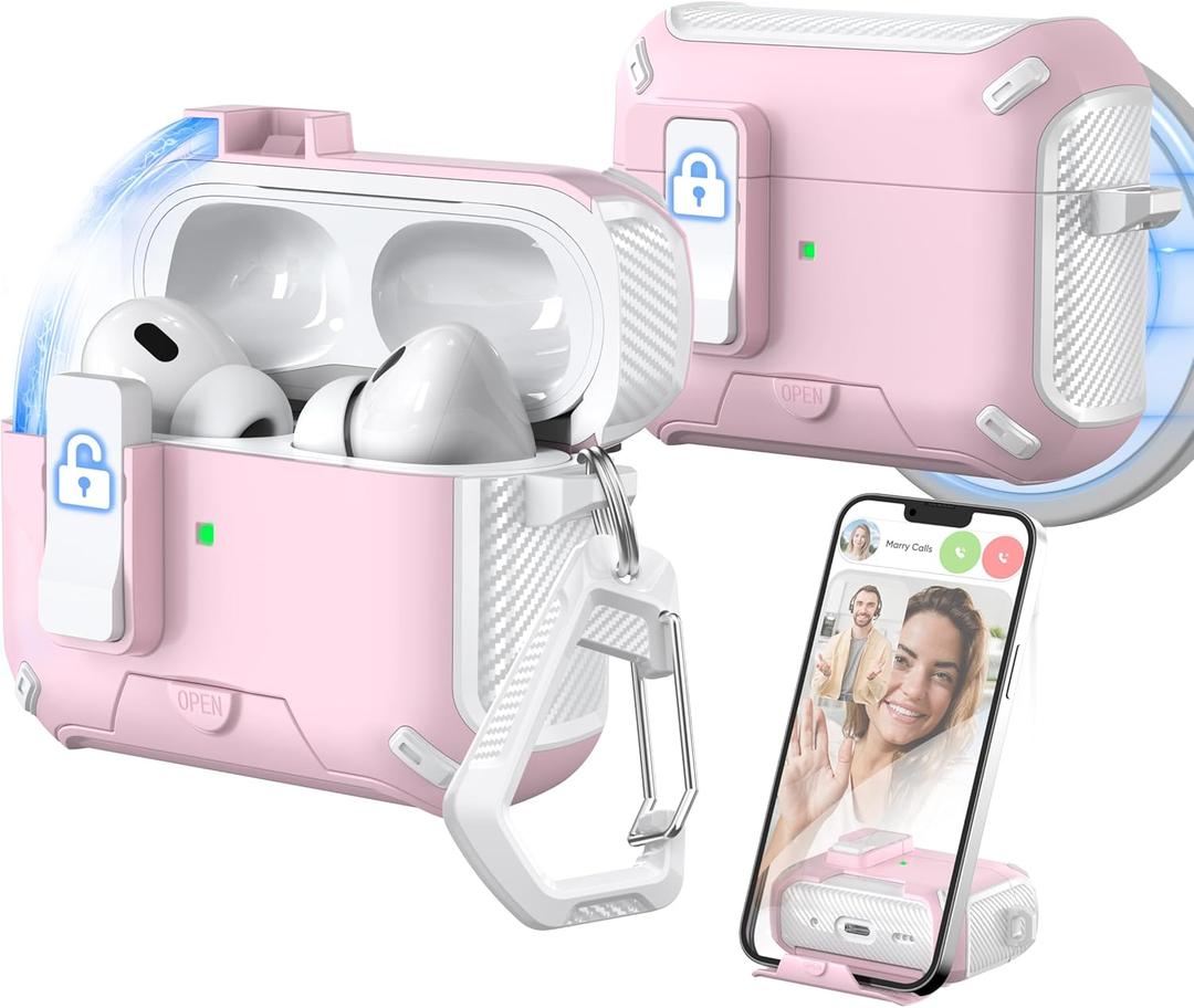 for AirPods Pro 2nd/1st Generation Case Cover, Compatible with Magsafe, Magnetic Automatic Lock, Charging Port Dust-Proof & Stand Design with Cleaning Kit, White/Pink