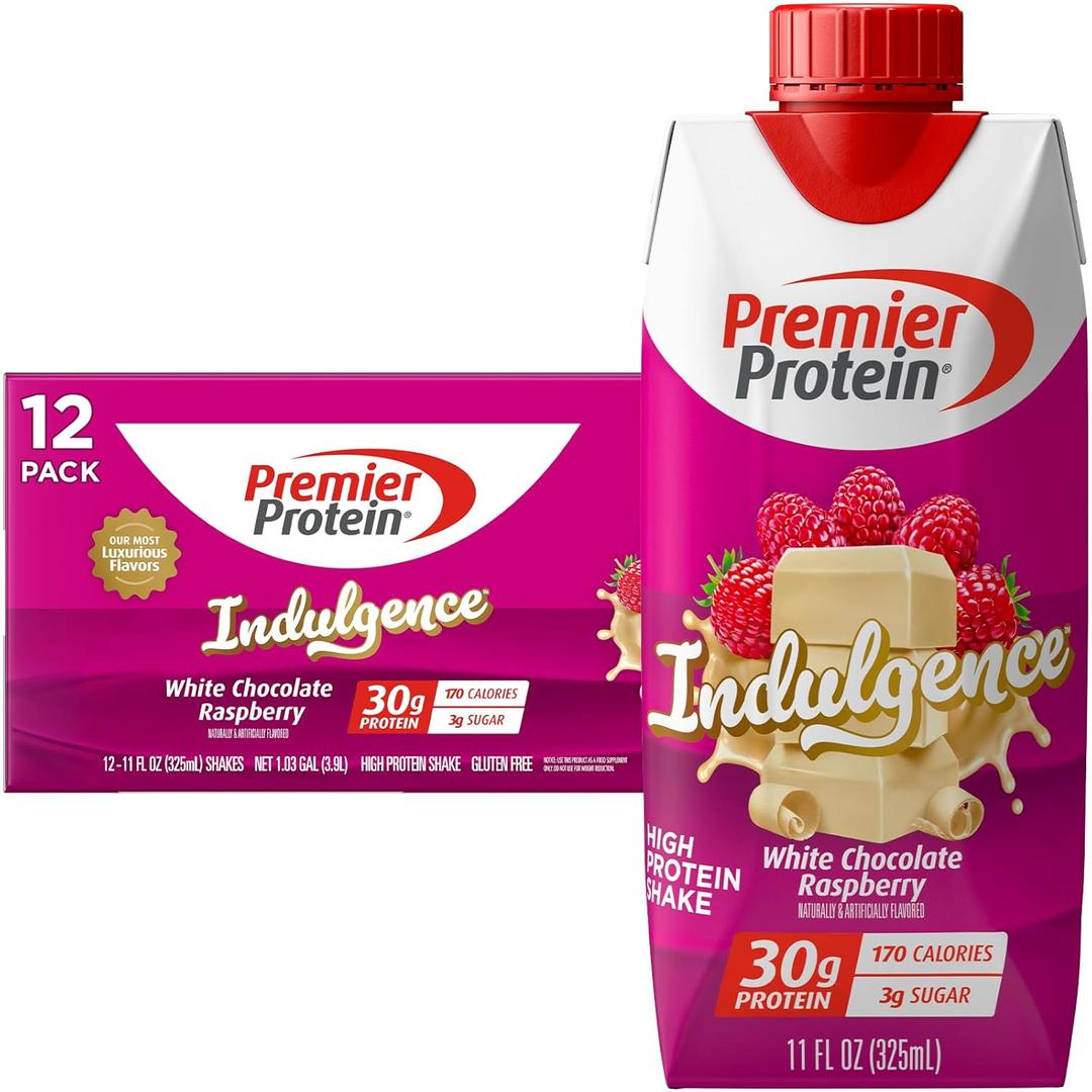 Premier Protein Shake INDULGENCE, White Chocolate Raspberry, 30g Protein, 170 Calories, 3g Sugar, 11 fl oz, 12 Pack, BBD10/26/2026