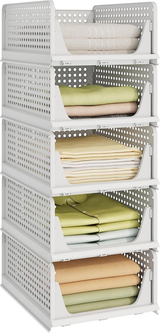 5 Pack Stackable Closet Organizers and Storage Bins, Multifunctional & Foldable Closet Clothes Organizer Box, Plastic Drawer Shelf Storage Bedroom Bathroom Kitchen Office Laundry Room, White