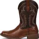 IUV Cowboy Boots for Men Faux Snake Skin Embroidered Western Boots Slip Resistant Square Toe Pull on Mid Calf Cowboy Boot (10.5, Dark Brown)