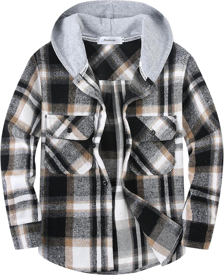 Boys Girls Casual Flannel Plaid Hoodies Fall Fashion Button Down Shirts Long Sleeve Cute Lightweight Jacket Coats (9-10 Years, Black Khaki)
