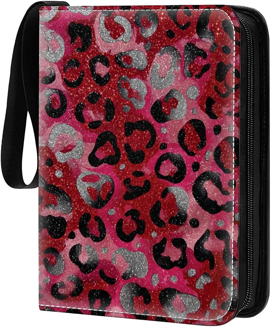 Card Binder 400 Pockets, 50 Sleeves Large Binder Trading Cards Holder 4 Pocket, Storage Organizer, Album Folder Case Protector Collector Gift Red Leopard Glitter
