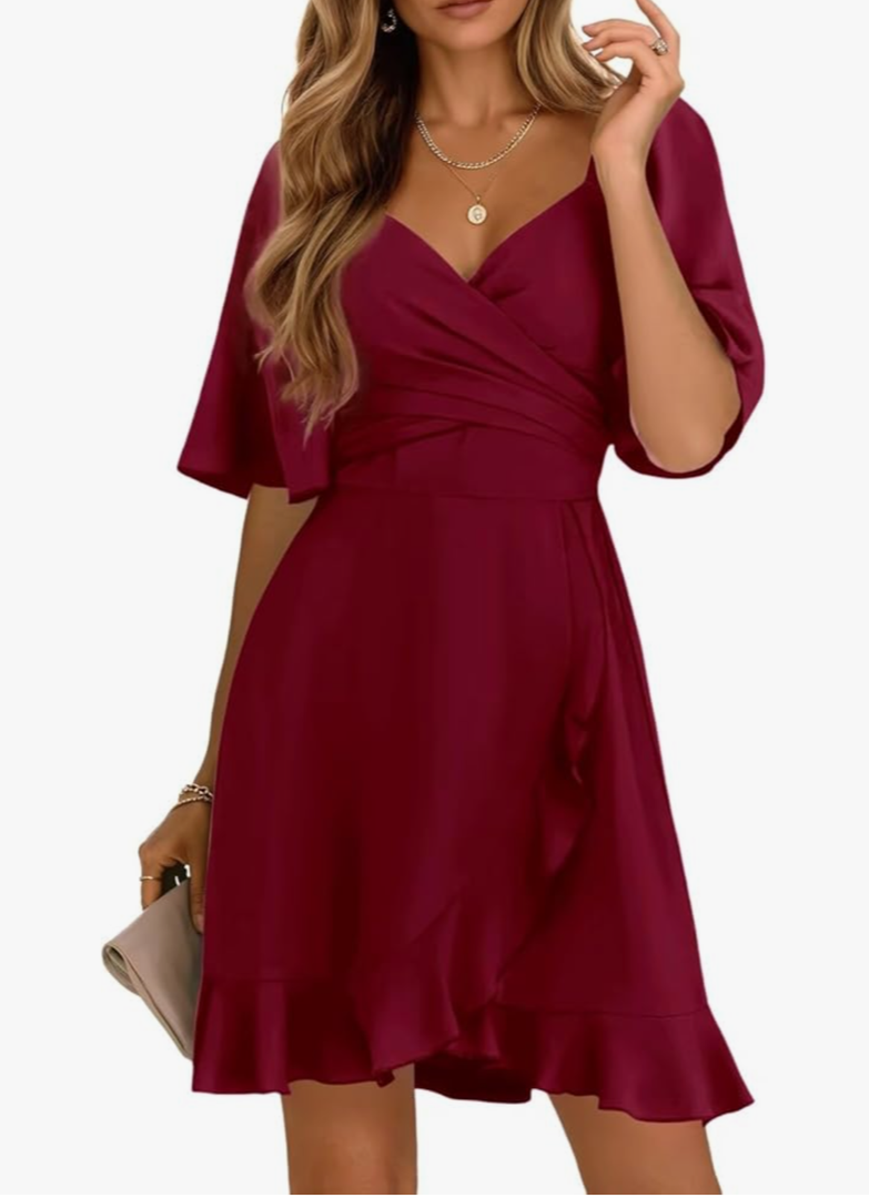 Dokotoo Women's Wrap V Neck Short Flared Sleeve Wedding Guest Dress Smocked Elastic Waist Tiered Belted Ruffle Hem Mini Dress Size L