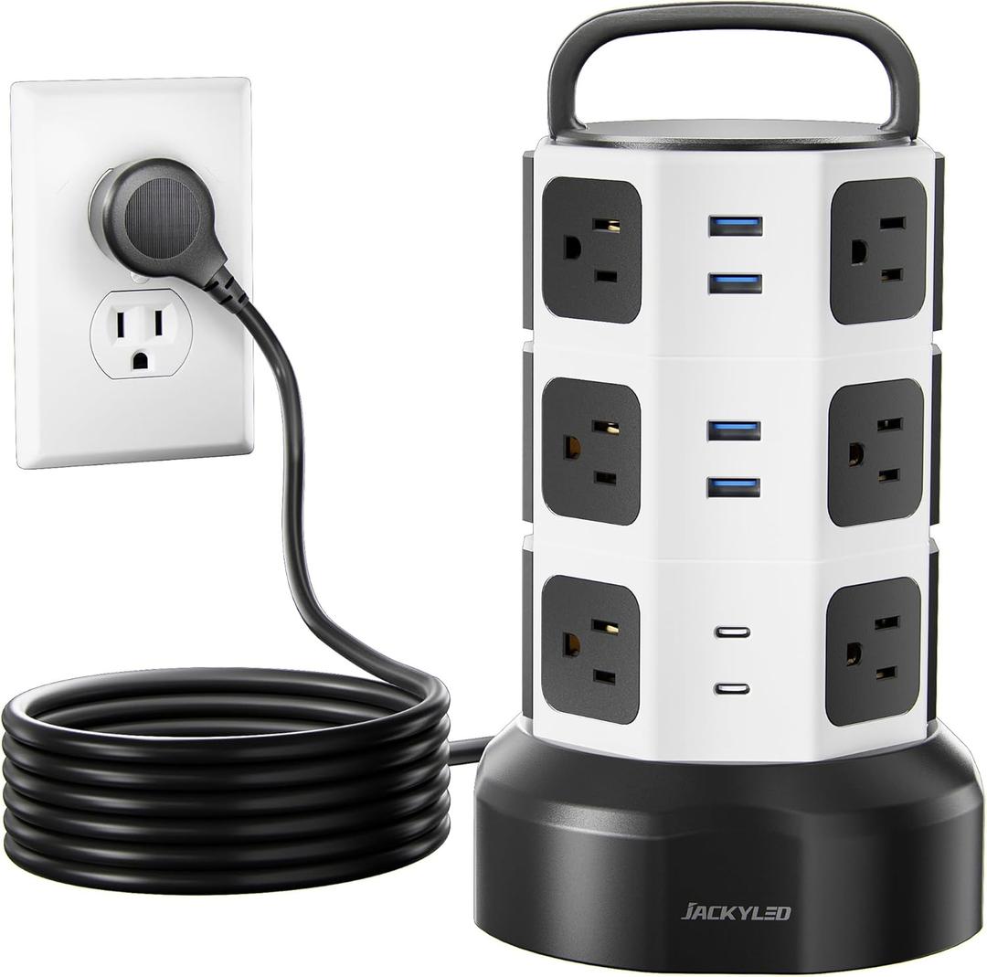 10ft Power Strip Tower JACKYLED Surge Protector Electric Charging Station with 13A 12 Outlets 6 USB Ports Heavy Duty Extension Cord for Home Office Computer Nightstand Laptop Phone White Black