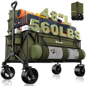 Hikemoon 300L Extra Large Wagons Carts Foldable, 560LBS Heavy Duty Collapsible Beach Wagon 48" Long with Big All-Terrain Wheels, Utility Folding Cart for Camping, Grocery, Sports, Garden, Blue & Grey