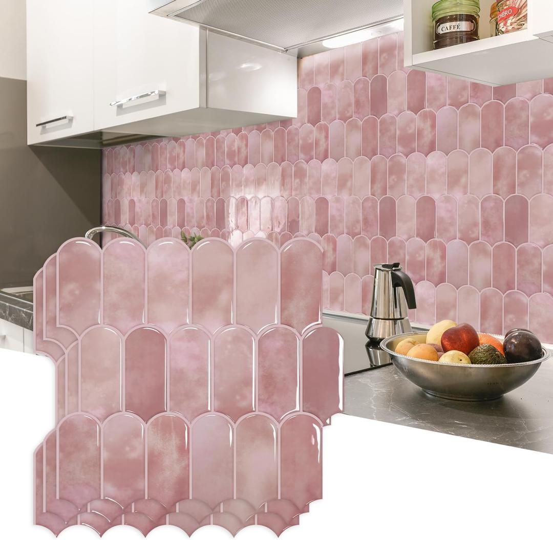 Vamos Tile Upgraded Thicker Design Peel and Stick Backsplash Tile, 10-Sheet Pinkish Beige Marble with Beige Grout Self Adhesive Vinyl Wall Tiles, Stick on Backsplash for Kitchen, Bathroom,RV,Pantry, Pink
