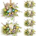 6 Pcs Easter Small Candle Rings Wreaths Mini Pillar Candle Holder Wreath with Eggs and Flowers Artificial Spring Pink Wreath for Home Kitchen Front Door Window Porch Wall Table Cnterpieces