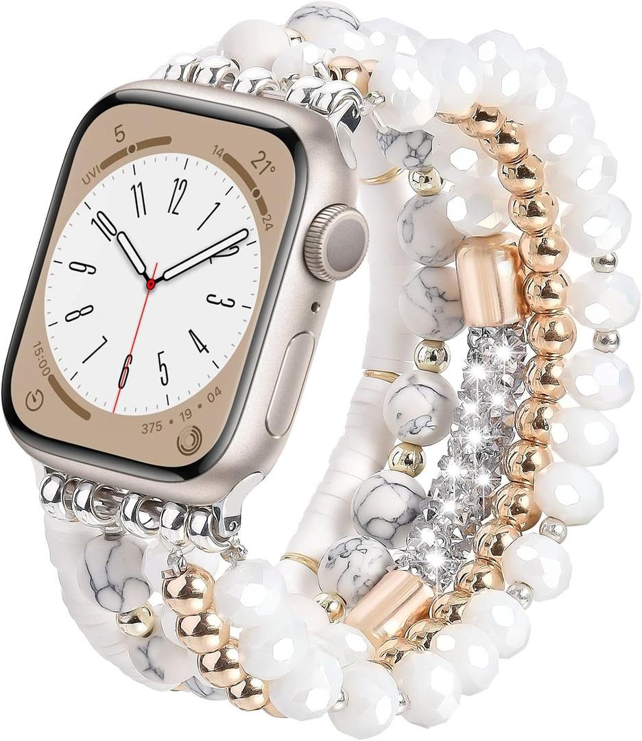 VISOOM Beaded Boho Bracelet Compatible for Apple Watch Band 40mm/38mm/41mm/42mm Series11 10 9 8 7 SE 6/5/4 Women Fashion Cute Handmade Crystal Beads Stretchy Watch Strap for iWatch Bands Series 3/2/1