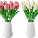 Real-Touch Artificial Tulips with 2 Ceramic Vases, 20 Stems Faux Floral Arrangement Set, Spring Easter Table Centerpiece, Modern Farmhouse Decor