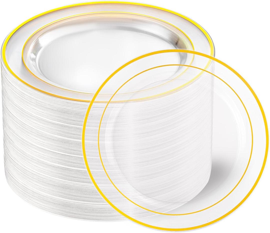 I00000 60PCS Clear Gold Dessert Plates, Clear Plastic Plates with Gold Rim 7 Inch, Fancy Disposable Wedding Plates Heavy Duty for Wedding Birthdays Party Dinner (50-60 Pcs 7inch, Gold)