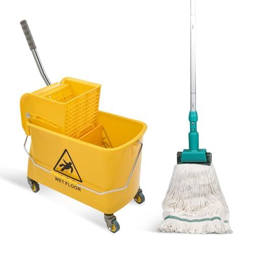 22 Qt (5.5 Gallon) Mop with Wringer for Floor Cleaning, Handle, Wheels, 16.5" L x 10.6" W x 26.4" H, Yellow,Add One Loop-end String Mop