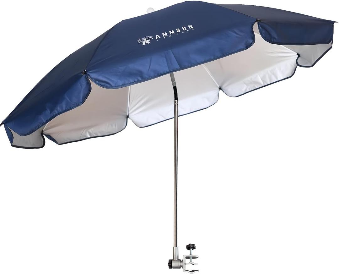 AMMSUN Chair Umbrella with Universal Clamp Adjustable 47 inches and 360 Swivel & UPF 50+ Protection Portable Sun Umbrella, Secure Clip on Camping/Beach Chairs, Stroller, Wheelchair, Golf cart, Lounger, Navy Blue, Large-sized