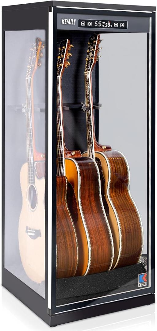 Guitar Display Case with Humidity Control, 270 Tempered Glass for 1-3 Guitars & Ukuleles, Digital Hygrometer, Lockable, 45-60% RH, Small