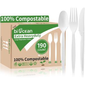 Extra Heavyduty Compostable Cutlery Set - 190 Count Large Disposable Utensils No Plastic Forks Spoons Knives Biodegradable Fork Eco Friendly Silverware for Party, BBQ, Daily Use, Events, Picnic