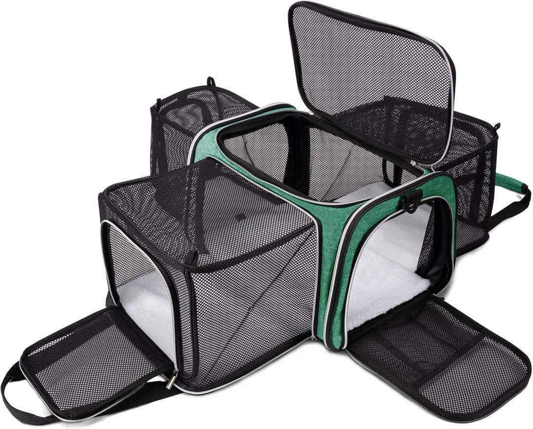 BAGLHER Cat Carrier Bag,Airline Approved Pet Carrier Soft Side Pet Travel 5 Sides Open Doors 3 Sides Expandable Foldable Dog Carrier with Fleece Pad (17.5"L x 12.0"W x 11.5"H, Green)