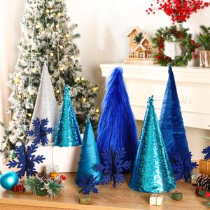 24 Pcs Large Cone Christmas Trees with Snowflakes Set, 14'' 11'' 8'' Christmas Tree Tabletop Decor & Wooden 3D Snowflake Table Centerpiece for Gifts Winter Home Decorations(Blue)
