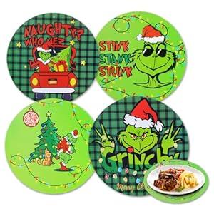 4Pce Round Merry Christmas Placemats The Green Christmas Plastic Table Place Dining Mats with Buffalo Plaid Xmas Holiday Party Table Decoration for Indoor Outdoor