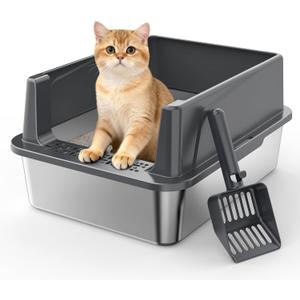 Stainless Steel Cat Litter Box with Lid, High-Sided Metal Litter Pan for Small Cats, Kitty Litter Box, Non-Stick & Odor-Resistant, Anti-Urine Leakage, Easy to Clean, Scoop Included (Medium, Dark Grey)