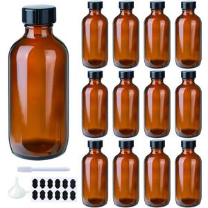 12 Pack 4oz Glass Boston Round Bottles, Amber Glass Bottles with Black Lids, Leak Proof, Handy Storage for Homemade Essential Oils, Vanilla Extract
