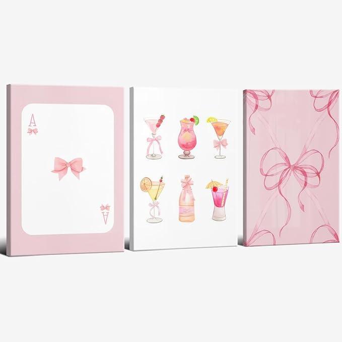 CCMXMKO Trendy Pink Bows Wall Art Preppy Cocktail Pictures Canvas Print Coquette Room Decor Aesthetic Poster Set of 3 Girly Wall Art College Apartment Wall Decor Framed12x16inch