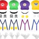4Pcs Super Bros Hats Accessories Set Mary Luigy Caps, Mustaches, Suspenders, Gloves Buttons Halloween Cosplay Costume 2025 (Red+Green+Purple+Yellow)