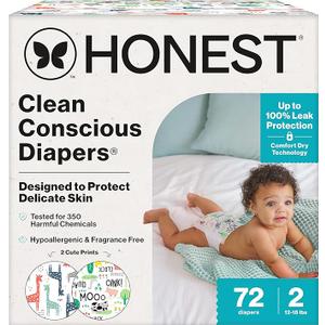 The Honest Company Comfort Dry Disposable Diapers for Sensitive Skin, Hypoallergenic, FragranceFree, MultiColored Giraffes + Barnyard Babies, Club Box, Size 2 (1218 lbs), 72 Count