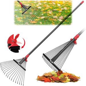 TAILERNRUYE 76 Inch Rake for Leaves, Adjustable 18 Metal Tines with Expandable Head Garden Rakes for Lawns Heavy Duty Metal Rake for Leaves Yard Gardening Grass Outdoor Debris