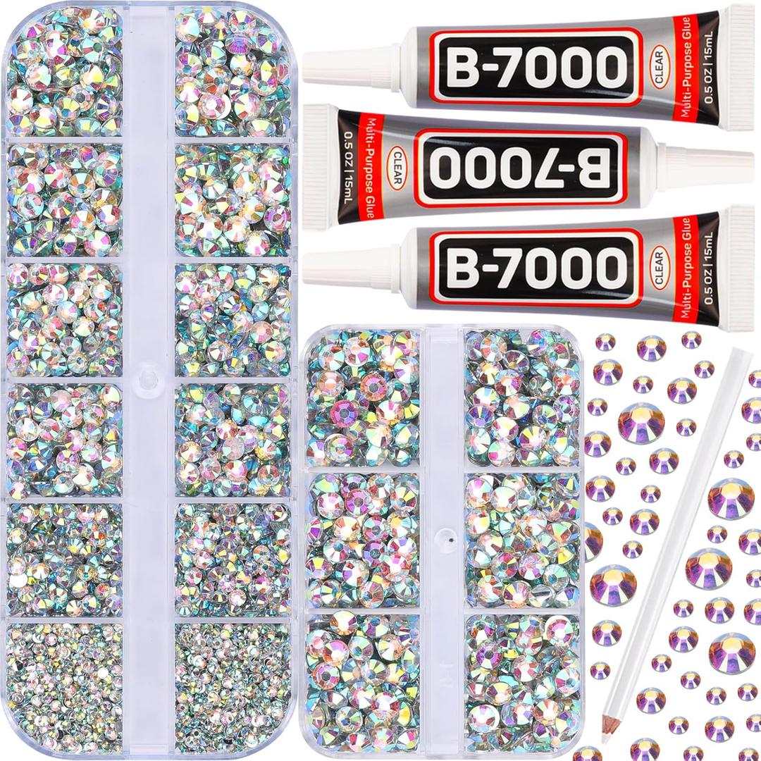 7500Pcs AB Crystal Iridescent Rhinestones Flatback with b7000 Gem Glue for Crafts Clothes Clothing Crafting, Stones Flat Back Rhinestones for Fabric Shoes Tumblers Shirt, AB Diamonds 2/3/4/5mm Mix