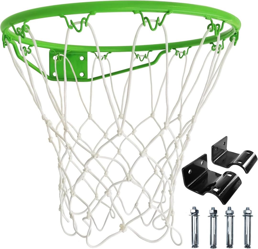 Basketball Rim Replacement for 14 Trampoline, Basketball Hoop Wall Mount, Basketball Ring with 2pcs Connect Hooks Indoor Outdoor, Part# 14 (Green)