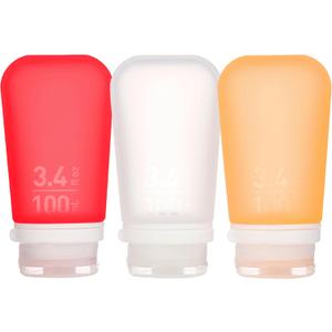 humangear GoToob+ 3-Pack (Large) | Refillable Silicone Travel Bottle | Locking Lid | Food-Safe Material, Clear/Red/Orange, Large (3.4 fl.oz.; 100ml)