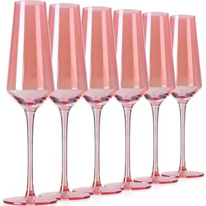 Pink Champagne Flutes Glass set of 6-8oz Champagne Glasses- Stemmed Coupes Reusable - Colored Champagne Glasses For For Birthday Party Wedding Anniversary-Mothers Day Gifts