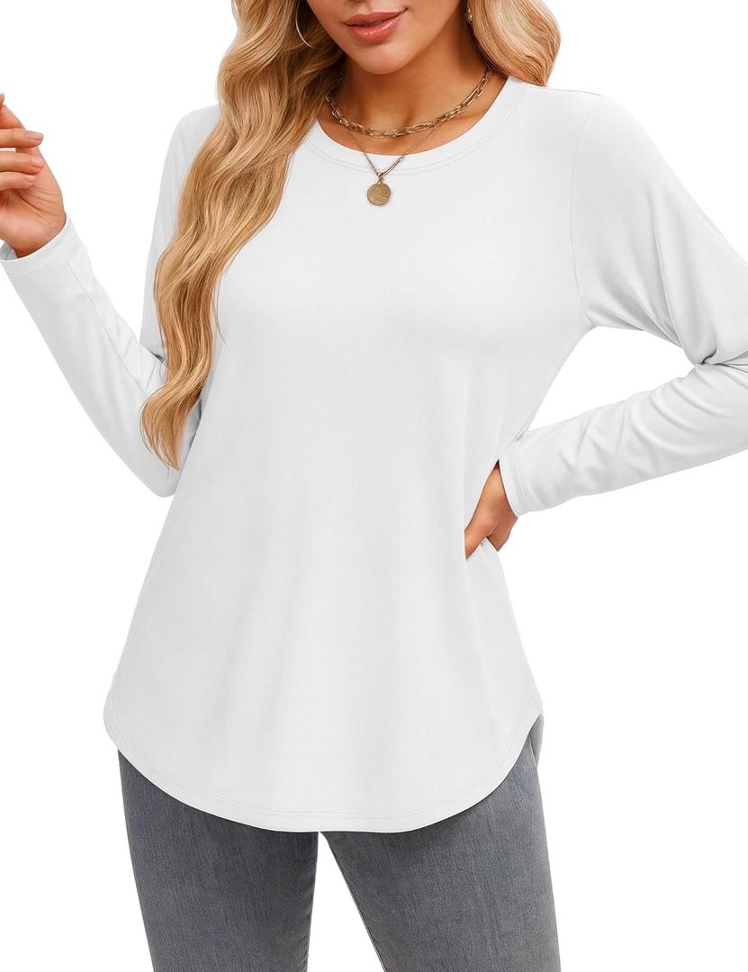 YUCOLEN Long Sleeve Shirts for Women Loose Fit Crewneck Side Split Curved Hem Basic Casual Tunic Tops to Wear with Legging (Large, White)