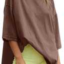 Oversized Tshirts for Women 3/4 Length Sleeve Casual Workout Tops Loose Fit Gym Shirts Side Slit Basic Tees Tunic (Brown, S)