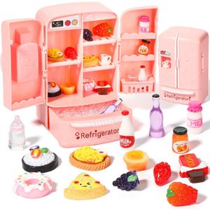 Civaner 17 Pieces Dollhouse Refrigerator Mini Fridge Toy with Christmas Mini Food Set Dollhouse Kitchen Furniture Food Toy Miniatures Kitchen Decoration Bottle Fruit Dessert for People (Lovely Style)
