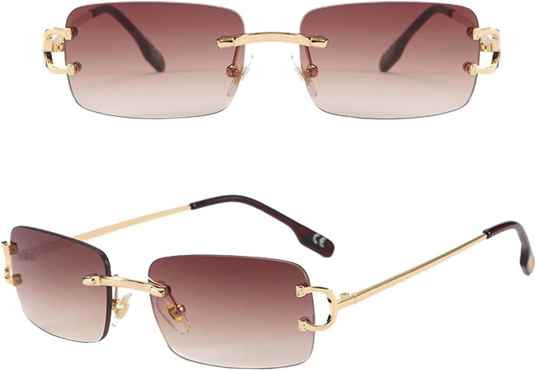 SDINM Rimless Sunglasses for Men Women Fashion Small Narrow Rectangle Sun Glasses Shades 90s Eyewear (Gradient Brown)