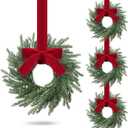 4 Pcs Small Christmas Norfolk Wreaths Evergreen 12.6 Inch Christmas Kitchen Cabinet Mini Wreaths Real Touch with Bow and Burgundy Ribbon for Xmas Front Door Window Home Table Pillar Decor