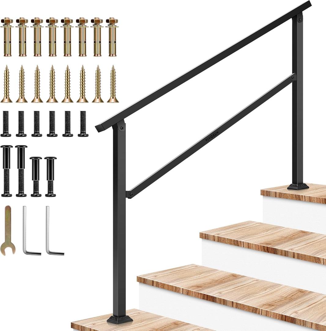 VIVOSUN Outdoor Handrail, 4 Step Stair Handrail, 54" x 36" Fits 1 to 4 Steps, Wrought Mattle Iron Handrail for Concrete Steps, Porch Steps, One-Step Assembly, Black (4 Steps)