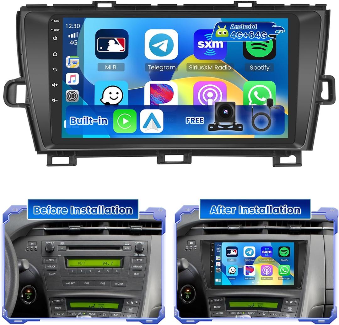 [4+64G] Hikity Android 15 Car Stereo for Toyota Prius 2010-20157 with Wireless Carplay Android Auto, 9'' IPS Touch Screen Radio Bluetooth Mirror Link GPS WiFi SWC AI DSP/FM/RDS/32EQ Backup Cam+Mic