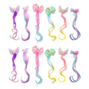 12 Pcs Rainbow Hair Extensions for Kids, Colored Little Girl Hair Clips Accessories, Unicorn Hair Clips for Girls Toddler Kids Ponytails (Curly Hair)