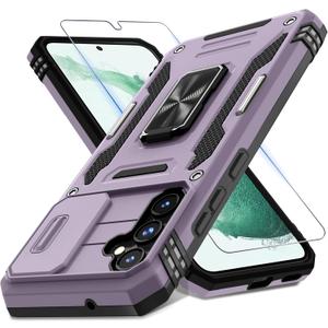 DEERLAMN Case for Samsung Galaxy S23 FE 6.4-Inch with Slide Camera Cover+Screen Protector(1 Pack),Rotated Ring Kickstand Military Grade Shockproof Protective Cover-Deep Purple