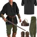 Jiuguva 4 Pcs Halloween Men's Renaissance Costume Set Medieval Pirate Shirt Ankle Banded Pants Viking Belt Accessories (Large, Elegant Color)