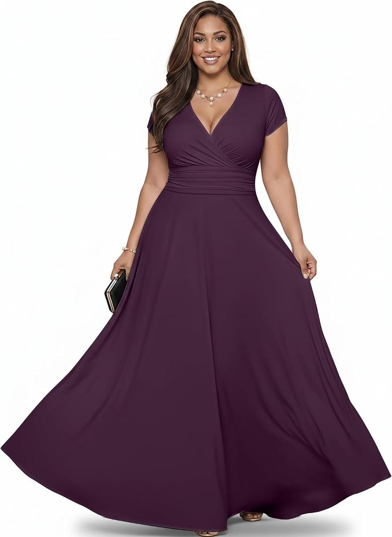 KOH KOH Womens 2026 Sexy Cap Short Sleeve V-Neck Flowy Cocktail Gown (Purple, XXL)
