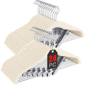 Korpai 24-Pack Beige Velvet Hangers with Clips Adjustable,Adult Hangers,Outfit Hangers,Heavy-Duty,Non-Slip,Space Saving, Felt Hanger for Pants, Skirts, Suits,Coats, Dresses
