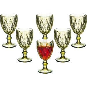 Vintage Wine Glasses Set of 6, 10 Ounce Colored Glass Water Goblets, Unique Embossed Pattern High Clear Stemmed Glassware Wedding Party Bar Glass Drinking Cups Fancy Wine Glasses Green