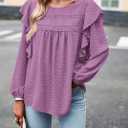 PRETTYGARDEN Women's Long Sleeve Shirts Ruffle Swiss Dot Crochet Loose Fit Tunic Dressy Casual Tops Blouses Spring Fashion (Purple, XS)