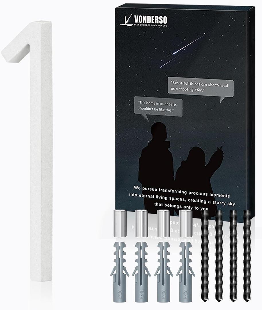 VONDERSO 8 Inch Large House Numbers for Outside, Zinc Alloy Address Numbers with Durable Stain-Resistant White Stone Powder Coating, Heavy-Duty Door Numbers for Home or Business (Number 1,Matte White)